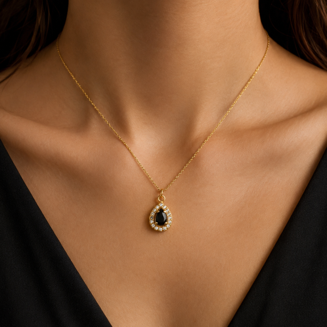 18K Gold Plated Black Teardrop Pendant Necklace