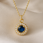 Load image into Gallery viewer, 18K Gold Plated Royal Blue Halo Pendant Necklace
