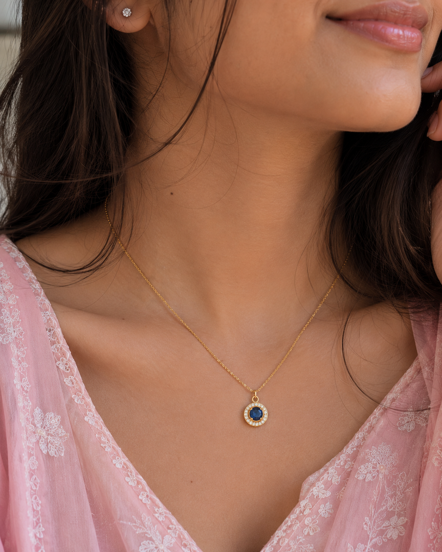 18K Gold Plated Royal Blue Halo Pendant Necklace